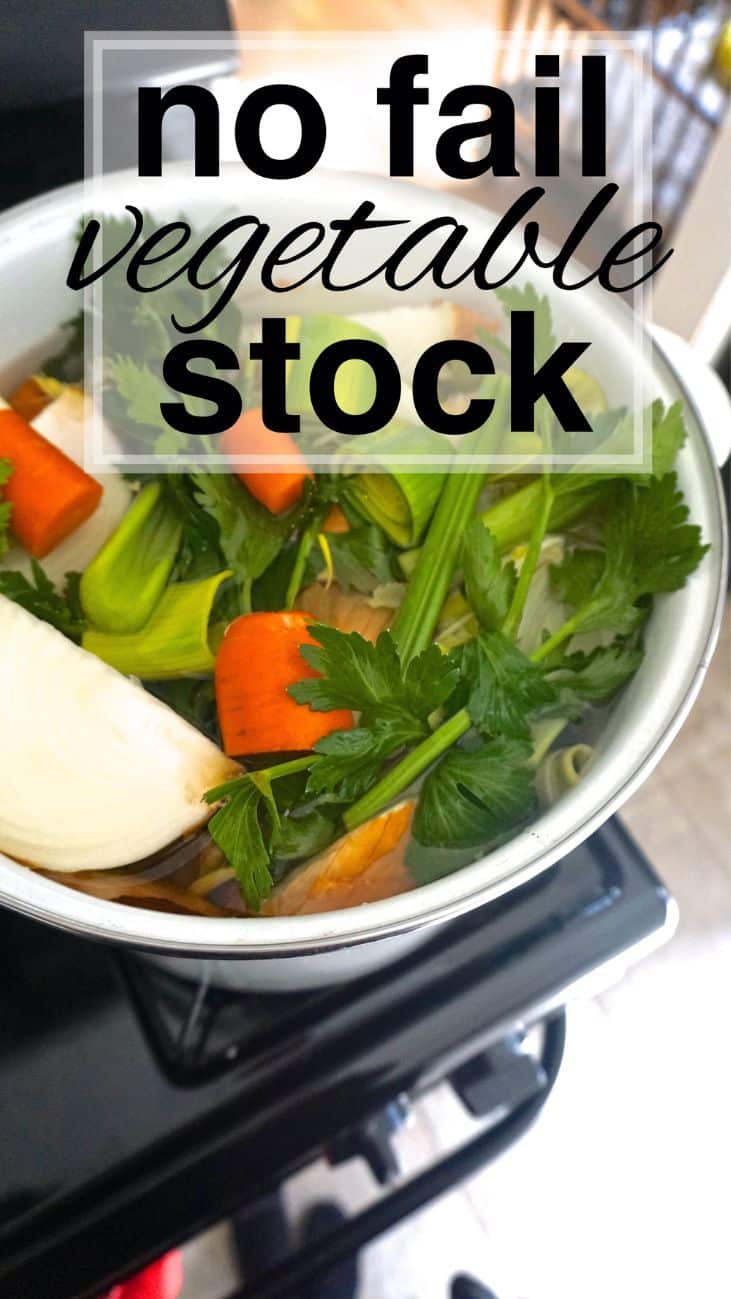 overhead image of vegetable stock titled (and shown): no fail vegetable stock