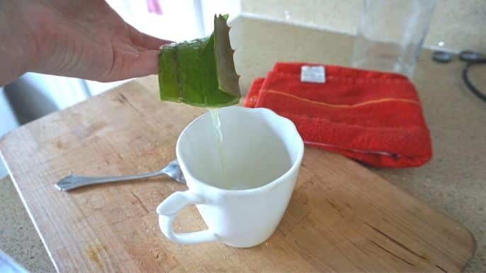 white cup with aloe vera being poured into it