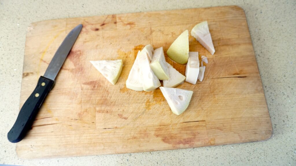 pulled jackfruit on cutting board