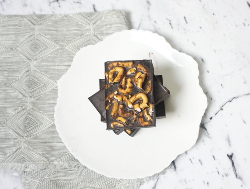 overhead shot of peanut butter squares on a plate