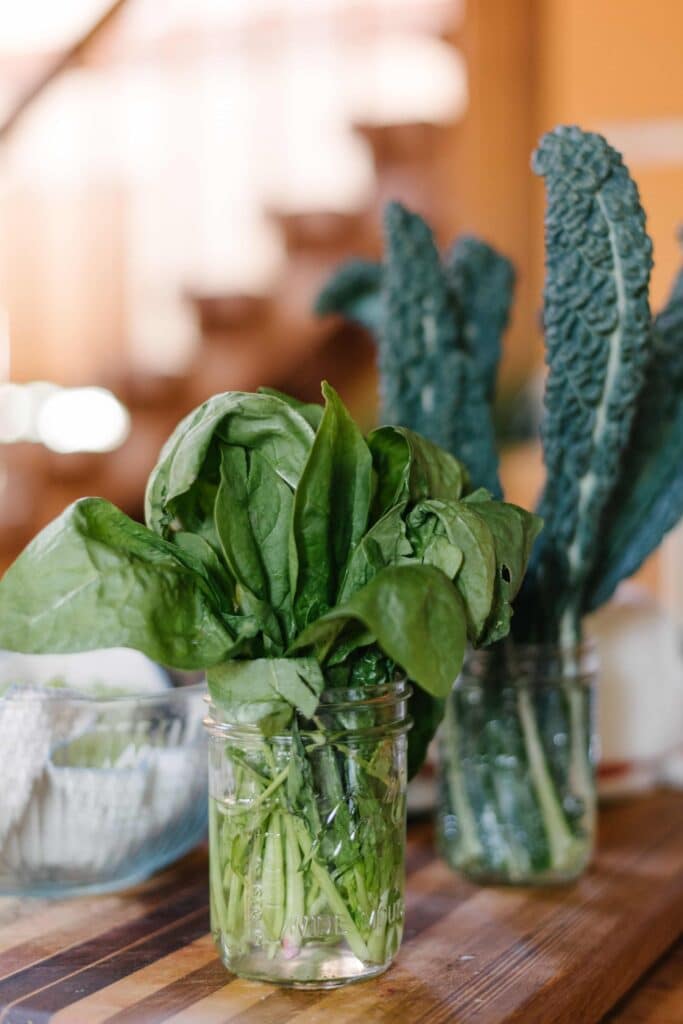 image of green vegetables sitting in water inside of mason jars