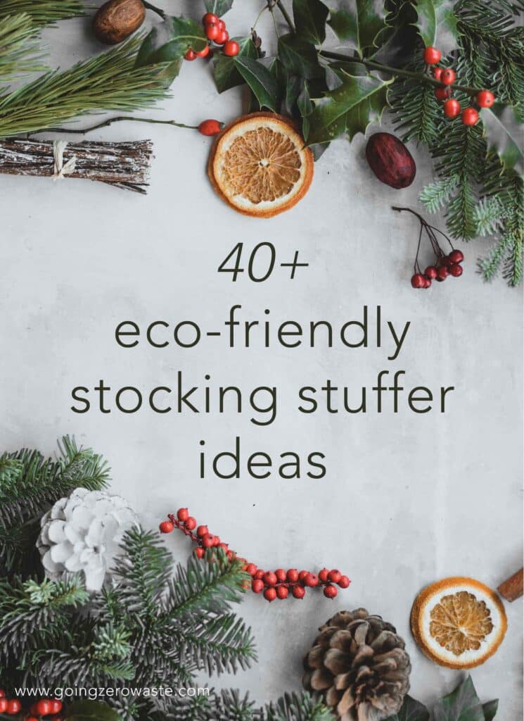 image of dried oranges, cranberries, and evergreens with overlay text reading "40+ eco friendly stocking stuffers ideas"