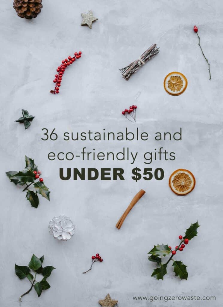 Photo of mistletoe, dried oranges, and cinnamon sticks with overlay text reading "36 sustainable and eco-friendly gifts under $50" in a post about minimalist stocking stuffers