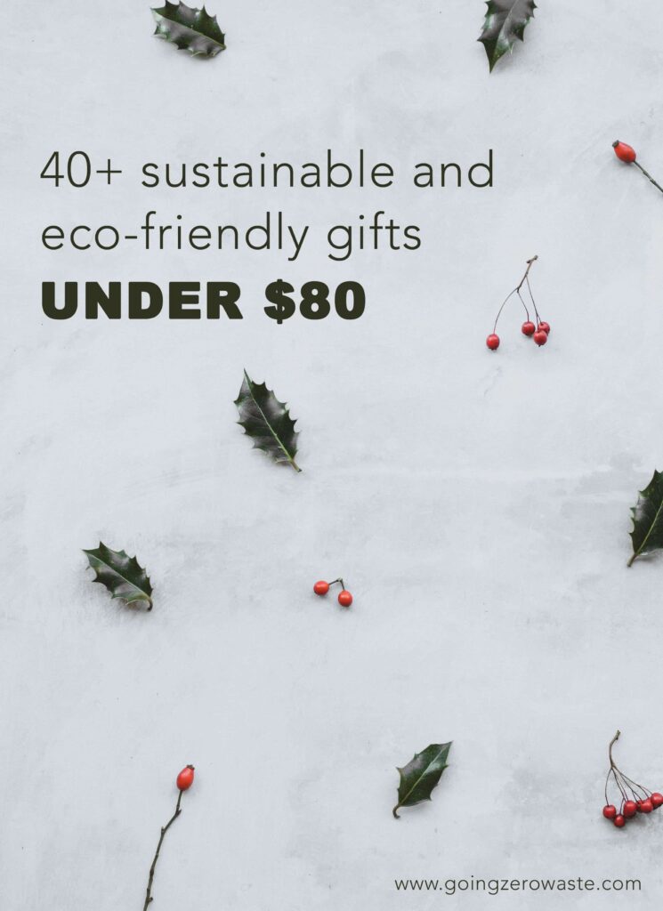 image of holly leaves and cranberries with overlay text reading "40+ sustainable and eco-friendly gifts under $80" in a post about zero waste stocking stuffers.