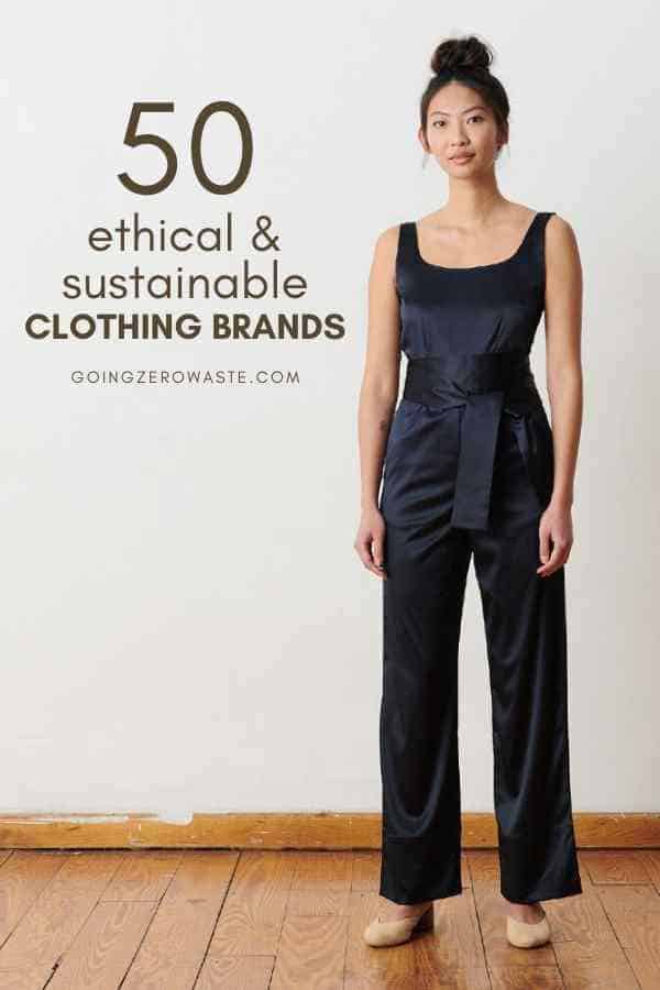 image of a female model dressed in a black jumpsuit, titled (and shown): 50 ethical & sustainable clothing brands