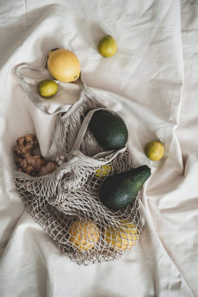 reusable grocery bag with food