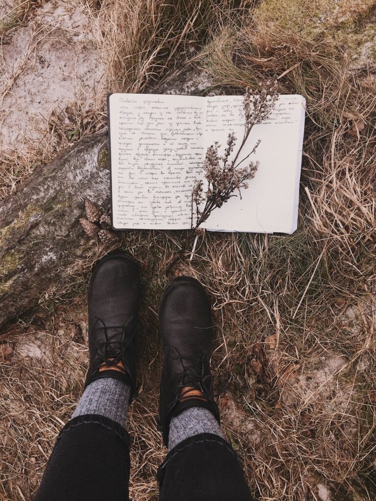 overhead image of black winter boots and a journal outside