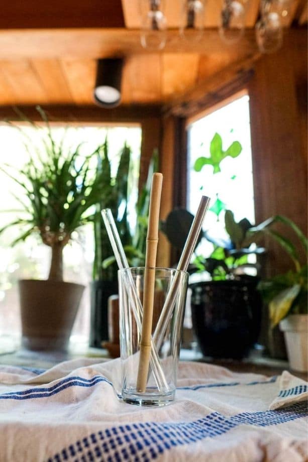 glass with three reusable straws
