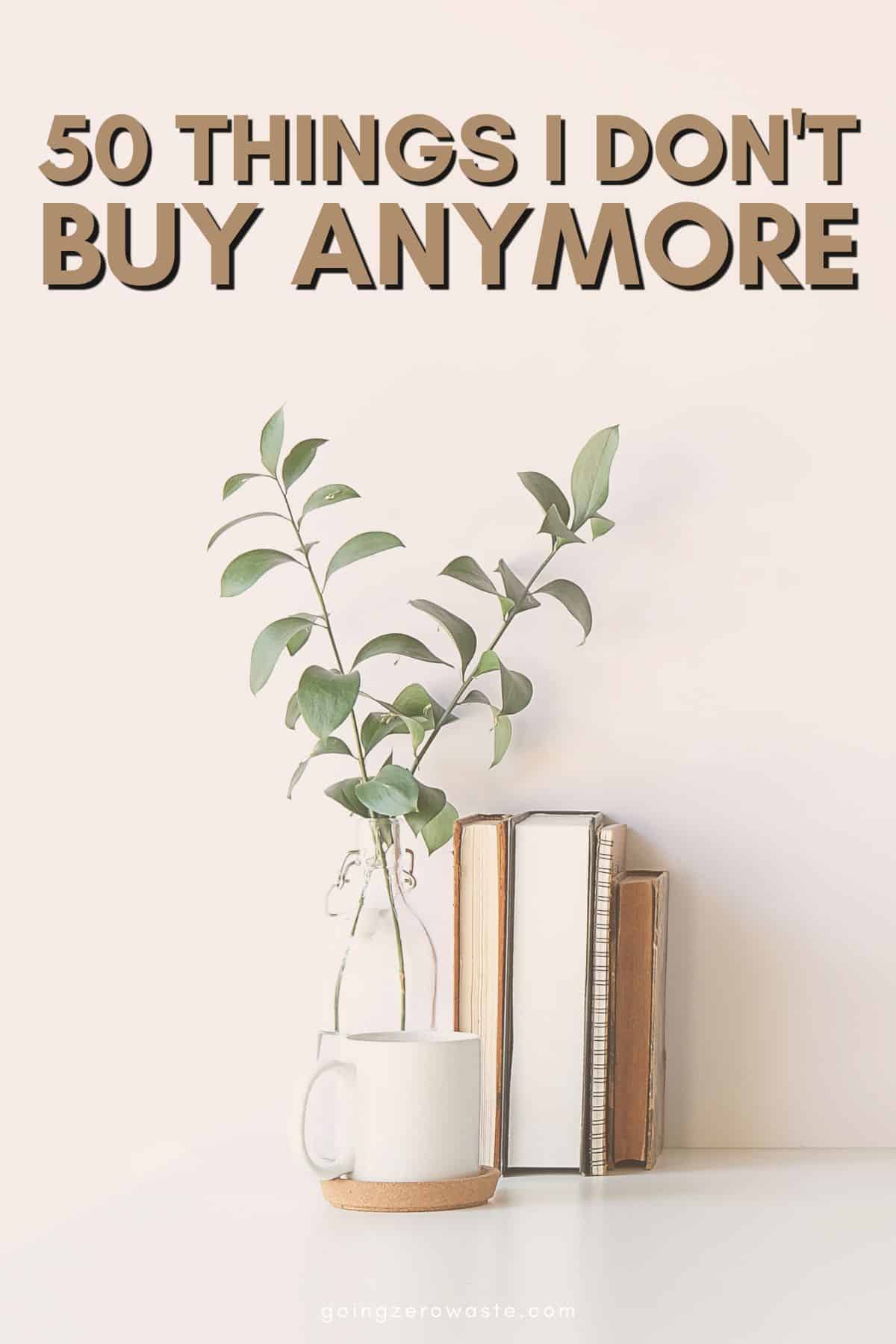 image of a plant, books, and mug in front of a light colored wall, titled (and shown): 50 Things I Don't Buy Anymore