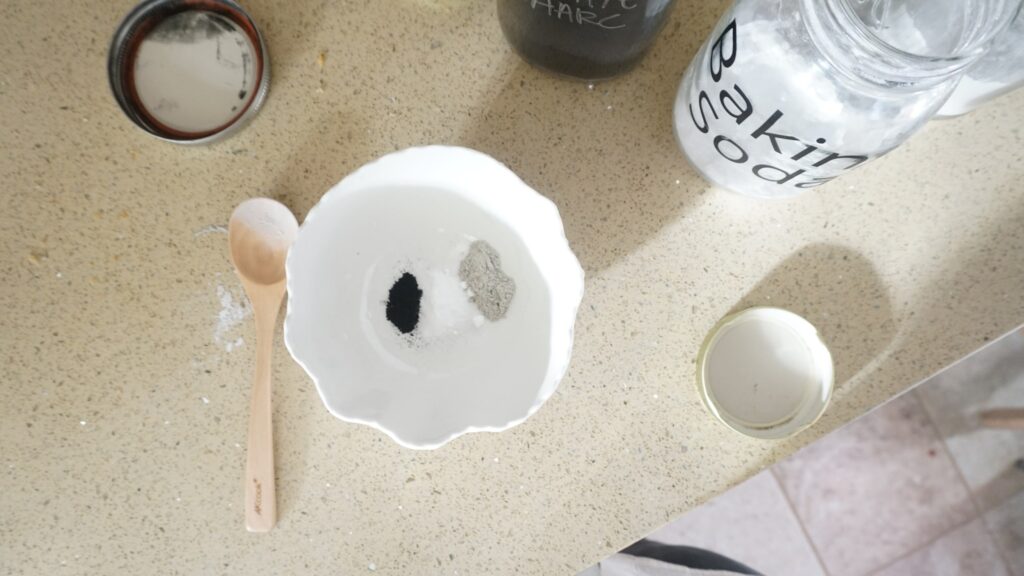 ingredients for best blackhead mask are put in a bowl to be mixed