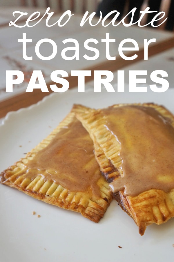 2 toaster strudels with frosting with the words "zero waste toaster pastries"