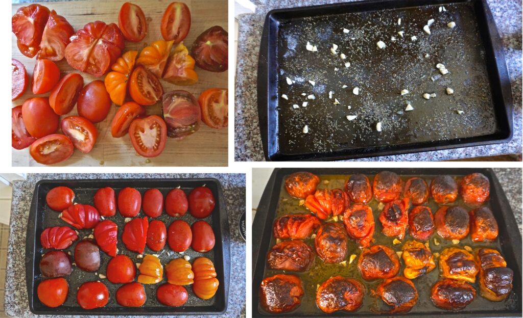 photo collage showing the process of roasting tomatoes for homemade red pasta sauce
