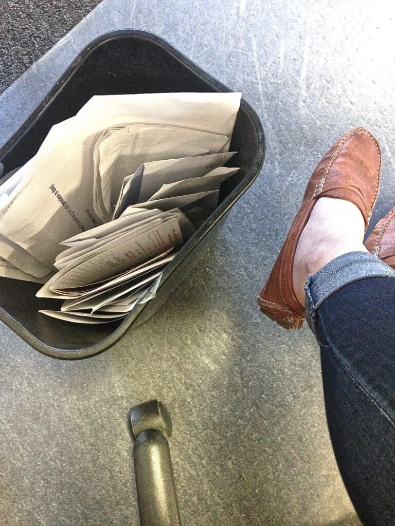 Desk trash bin repurposed as a recycling bin recycling at work and moving toward low waste living