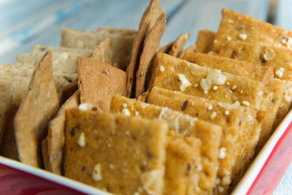 close up of a tray of almond pulp crackers