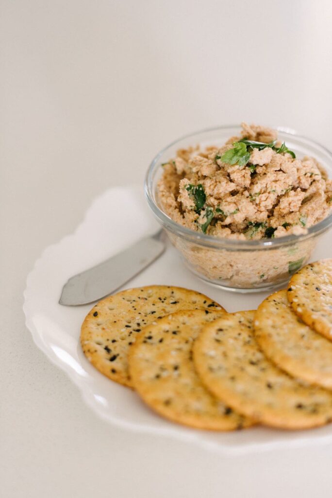 a photo of one of the suggested almond pulp recipes: crackers and dip