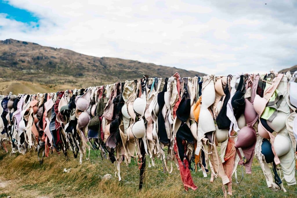 clothesline full of used bras to show you can donate bras