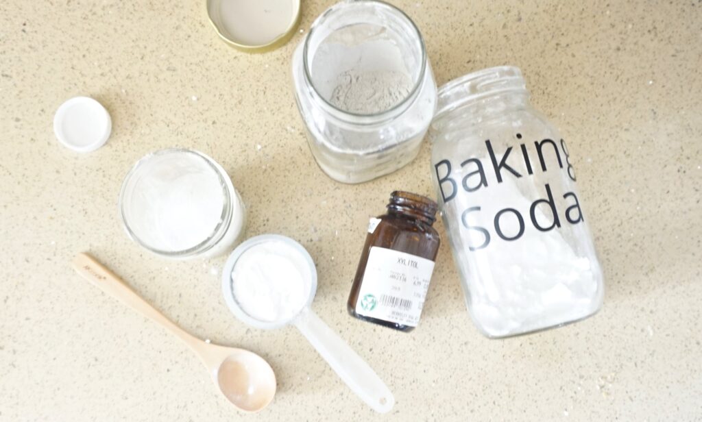 top view of the ingredients needed for this tooth powder recipe