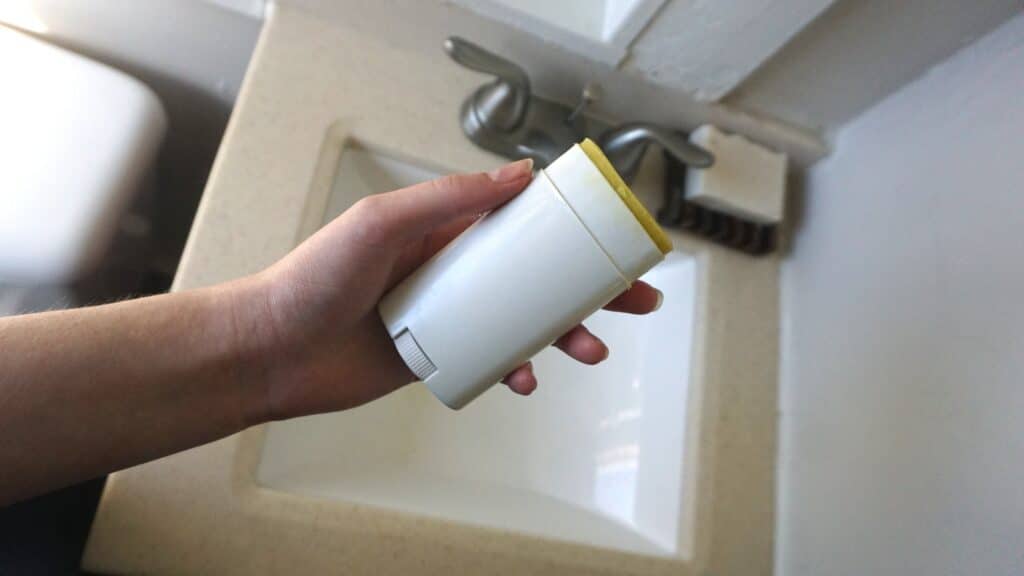 DIY deodorant recipe in a typical deodorant container.