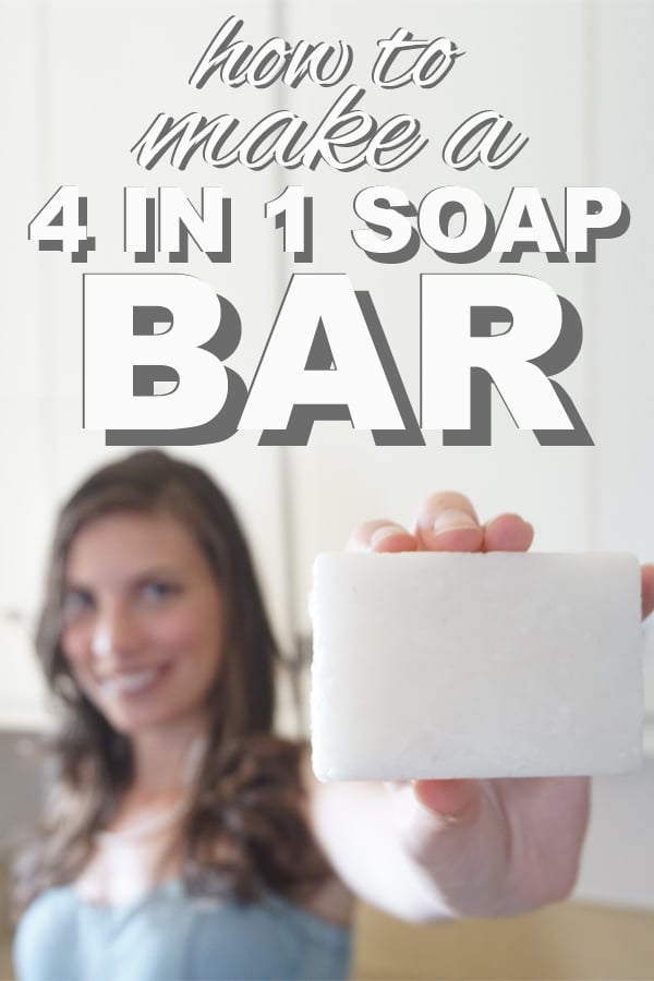 woman holding product of this shampooo bar recipe with overlay text reading "how to make a 4 in 1 soap bar"