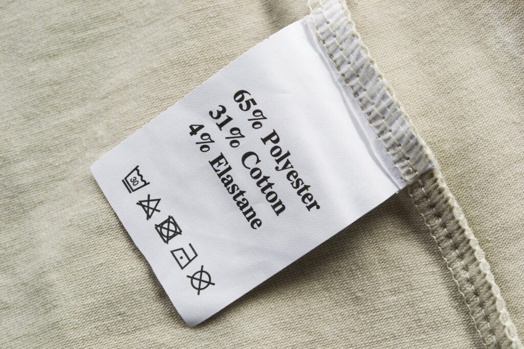 product tag from clothing made from recycled plastic.