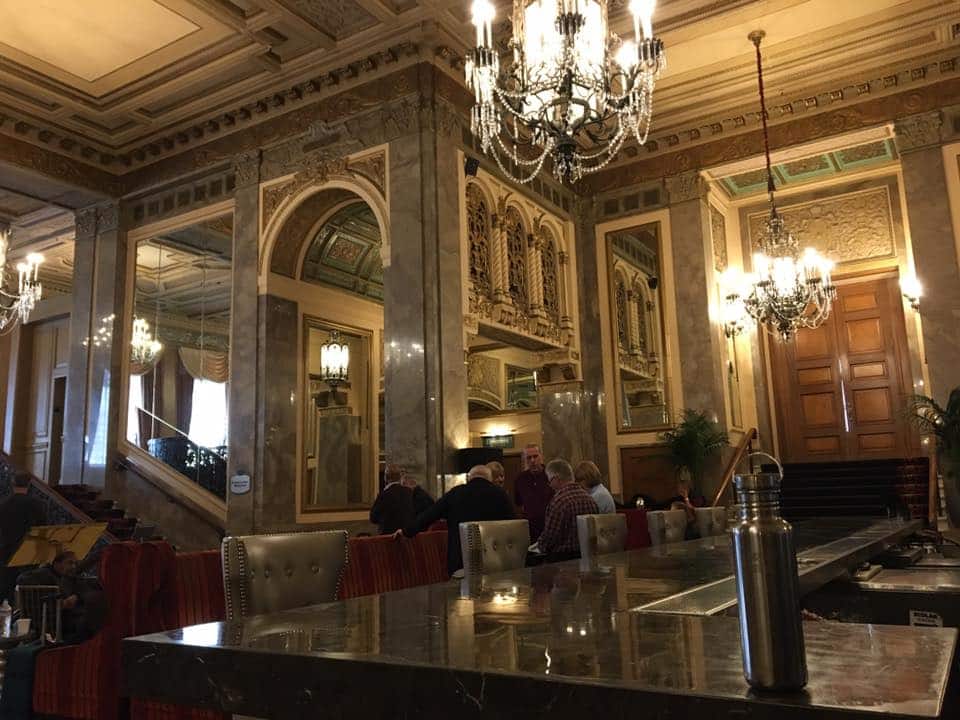 Photo of the Sir Francis Drake hotel with a Kleen Canteen on the counter for a fun, eco friendly bachelorette party idea.