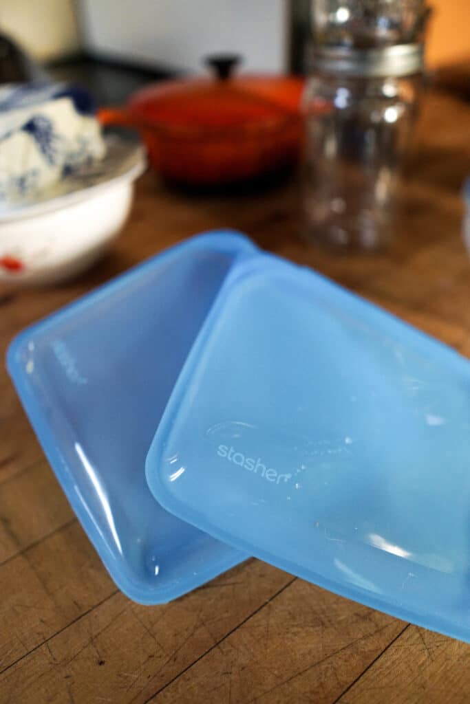 Close up of Stasher food safe storage containers.