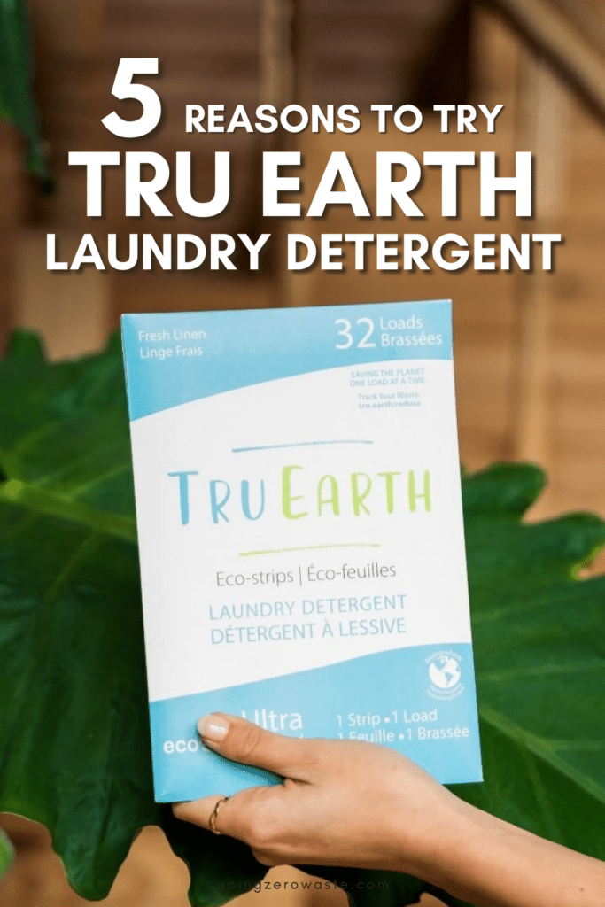 Photo of A package of Tru Earth with overlay text reading "5 reasons to try Tru Earth laundry detergent" 