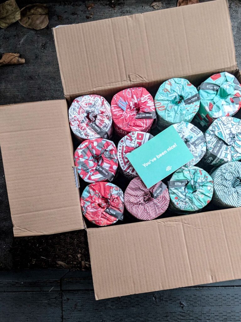 Top view of a box of whogivesacrap toilet paper.