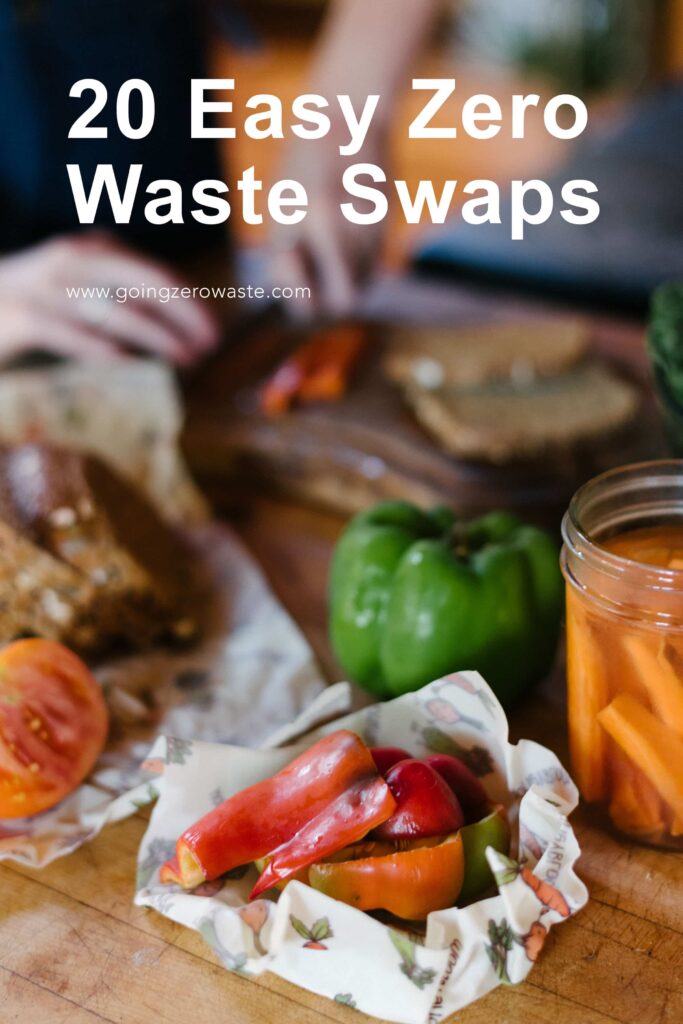 Photo of fresh and jarred ingredients wrapped in beeswax with overlay text reading "20 easy zero waste swaps"