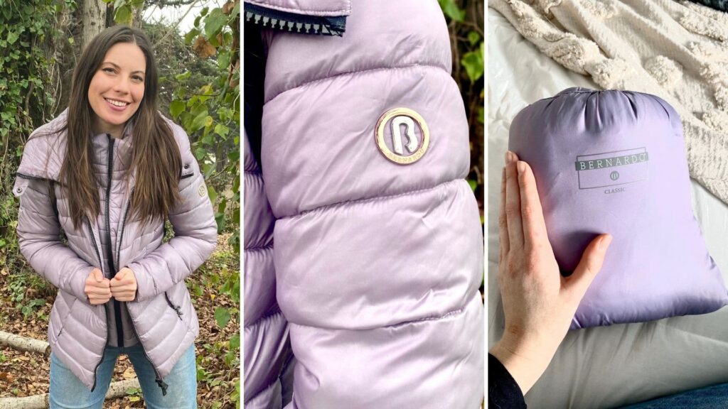 Photo collage of 3 photos: Bernardo sustainable coat on a woman, the sleeve with logo, and stuffed into a bag.