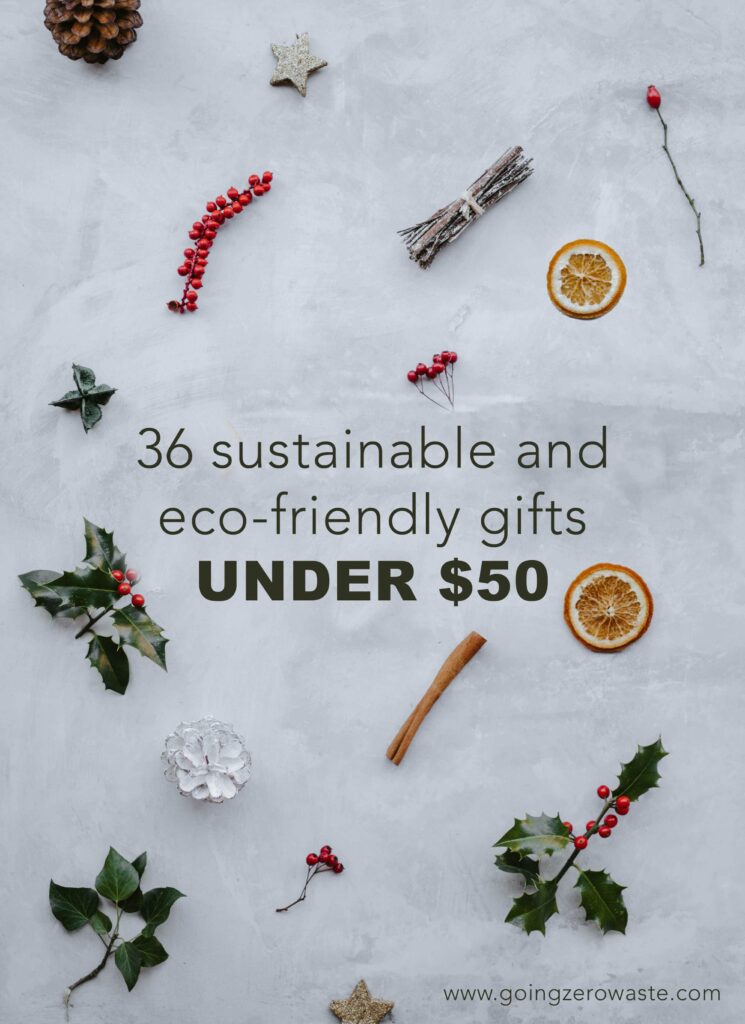 Photo of mistletoe, dried oranges, cranberries, and cinnamon with overlay text reading "36 sustainable and eco-friendly gifts under $50" in a post about eco friendly stocking stuffer ideas. 
