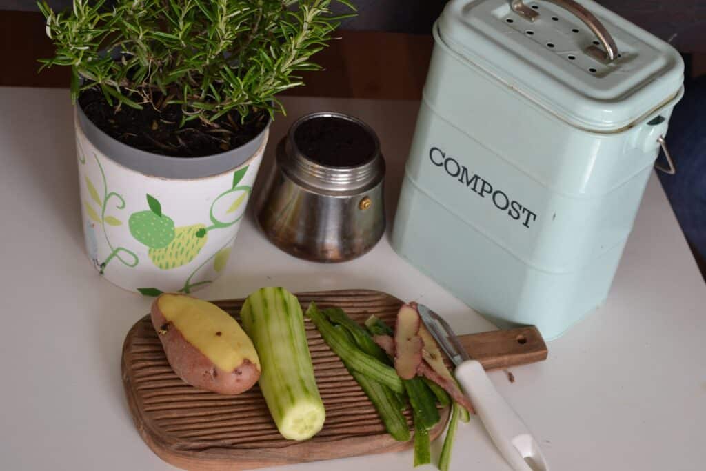 Photo of a cutting board with fresh veggies, herb plant, and an indoor compost bin. 