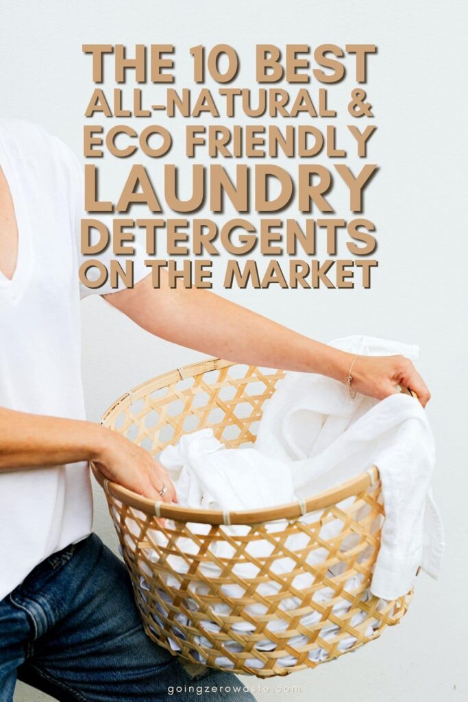 A woman holding a bamboo laundry basket with overlay text reading "The 10 best all-natural & eco friendly laundry detergents on the market"