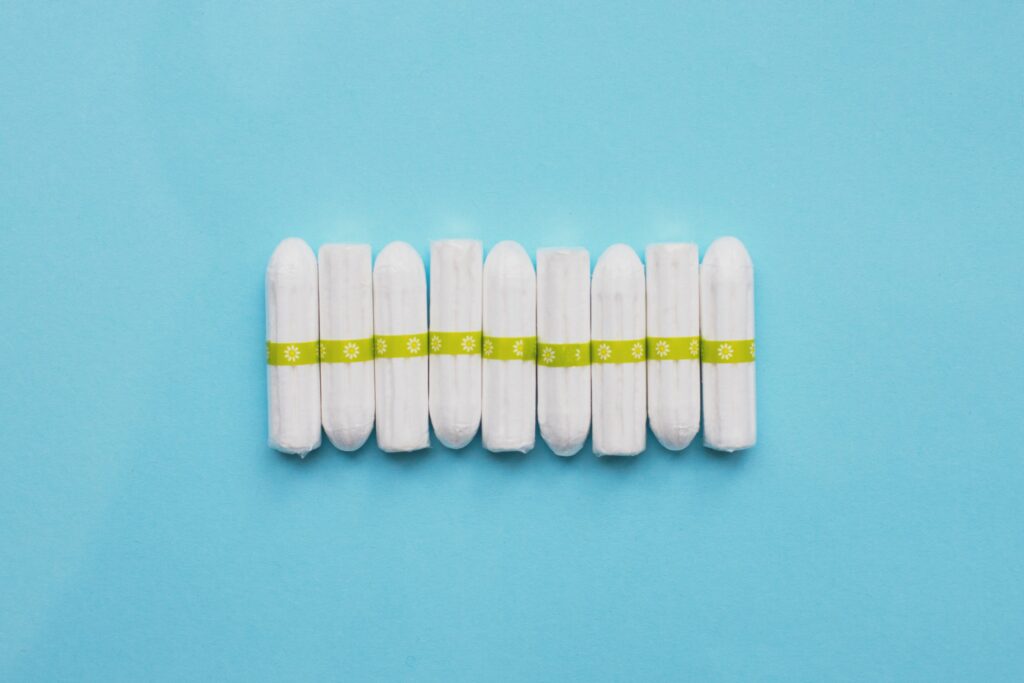 A line of organic cotton tampons in a row. 