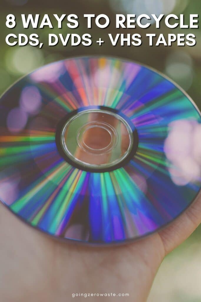 Photo of a CD with overlay text reading "8 Ways to Recycle CDs, DVDs, + VHS Tapes"