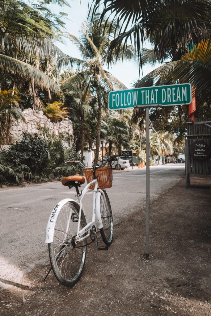 Photo of a bike by a street sign that reads "follow that dream" in a post about the importance of a daily affirmation of the day