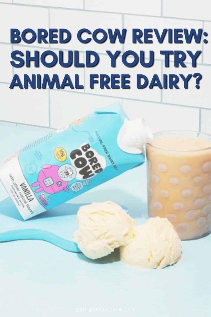 A carton of Bored Cow leaned against a glass of milk with overlay text reading "Bored Cow Review: Should You Try Animal Free Dairy?" 