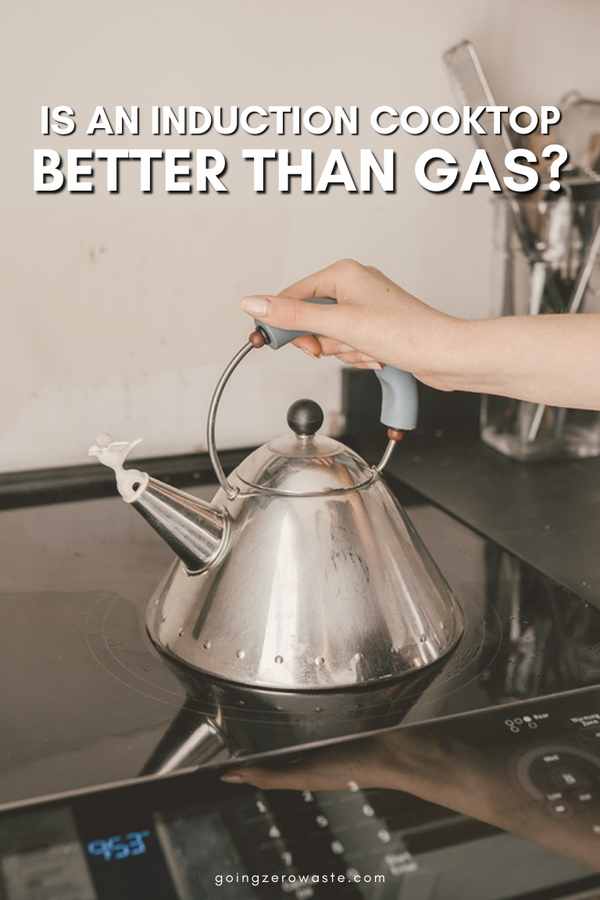 A tea kettle on an induction cooktop with overlay text reading "Is an induction cooktop better than gas?"