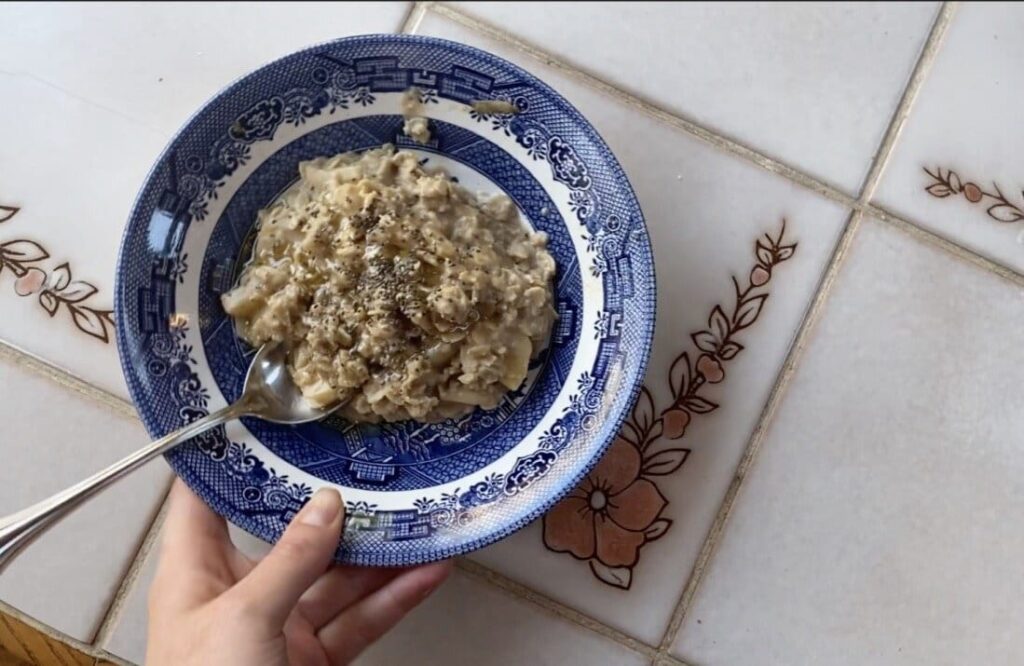 Top view of a bowl of zero waste oatmeal, one of the featured zero waste recipes