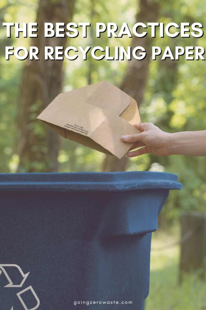 A hand placing a cardboard cup carrier in the recycle bin with overlay text reading "The Best Practices for Recycling Paper" 