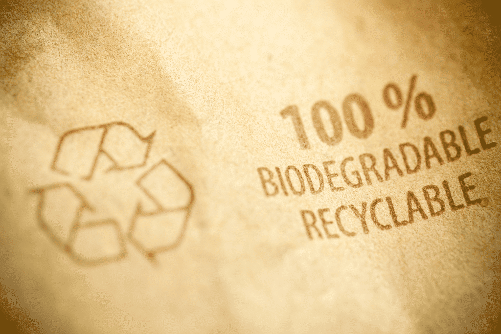 A close up of brown paper with print reading "100% biodegradable, recyclable" to illustrate a post about compostable vs biodegradable items