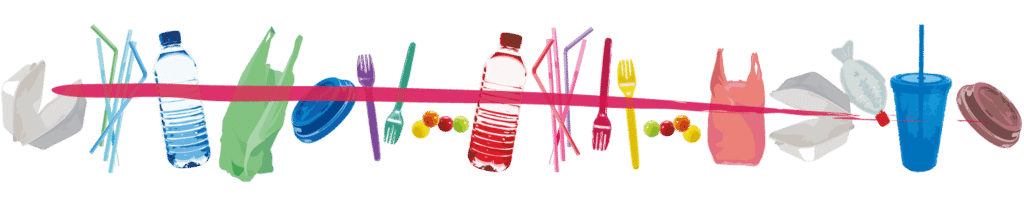 July plastic free month - a graphic of various single use plastics with a line through them.