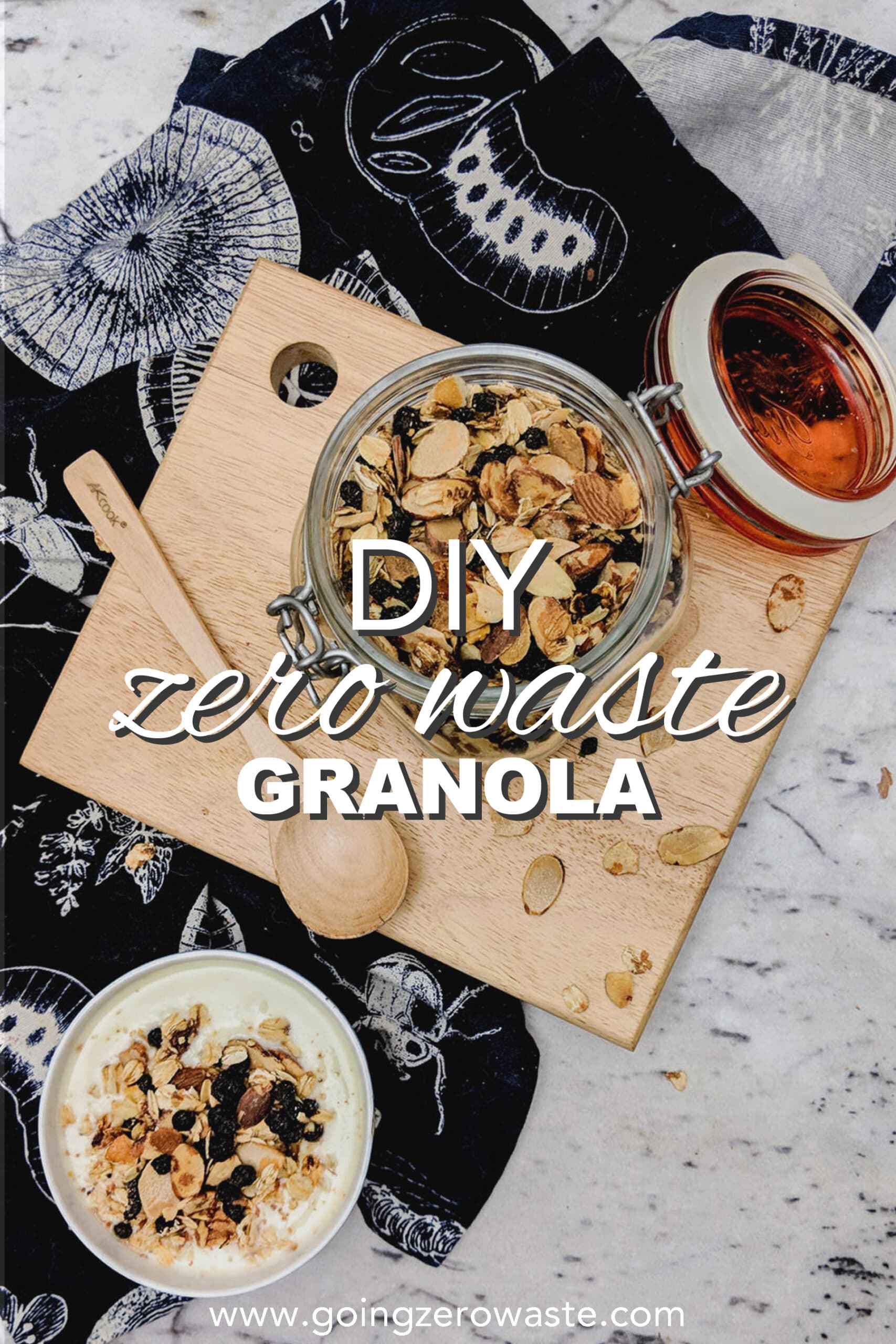 Top view of a gluten free granola in a mason jar with overlay text reading "DIY zero waste granola"