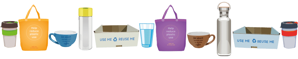 A graphic of reusable items you can use instead of single use plastics to give examples of No Plastic July ideas 