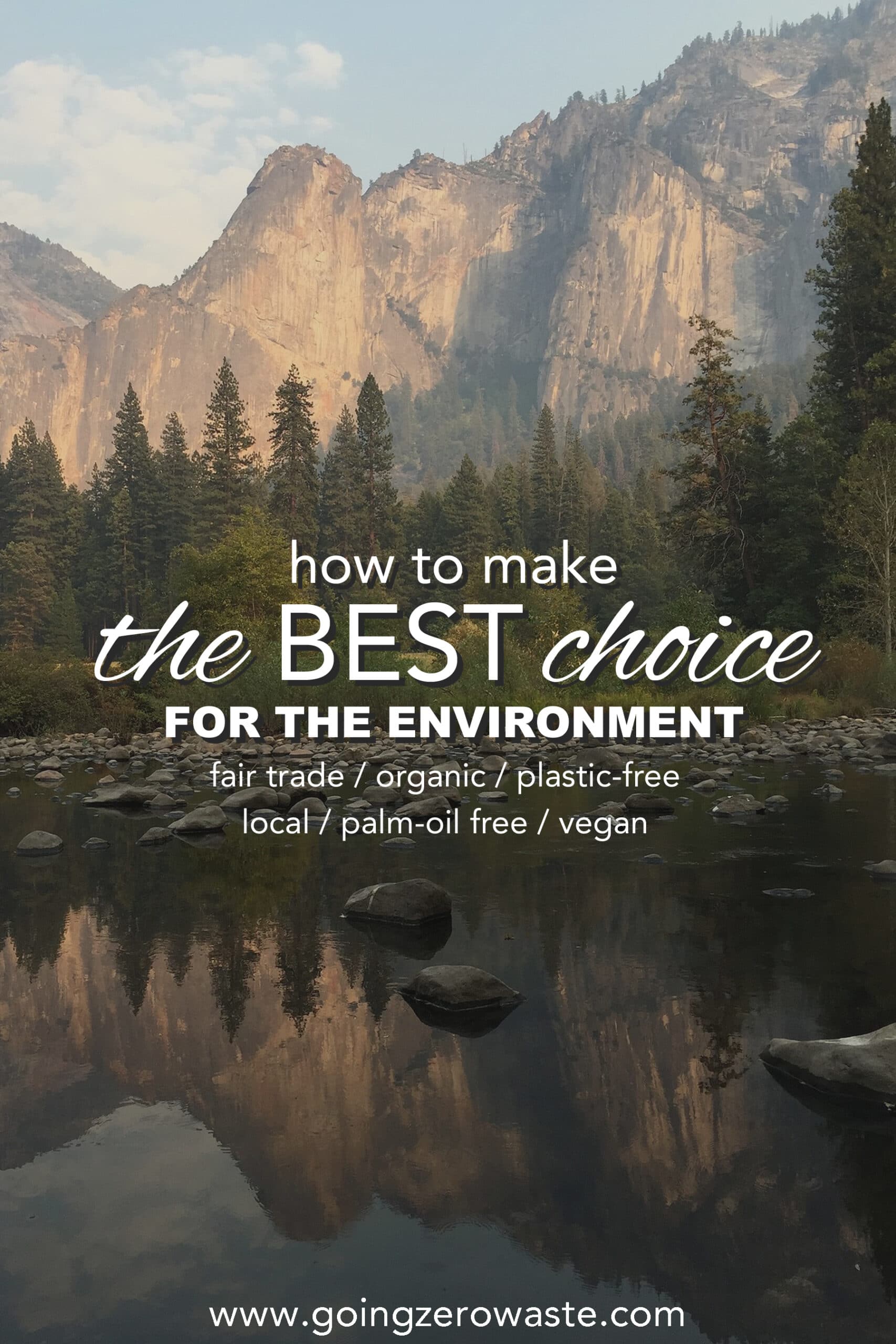 How to help the environment: a nature photo with overlay text reading "how to make the best choice for the environment: fair trade, organic, plastic-free, local, palm-oil free, vegan"