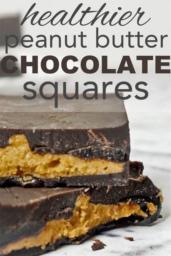 A photo of stacked peanut butter and chocolate bars with overlay text reading "healthier peanut butter chocolate squares"