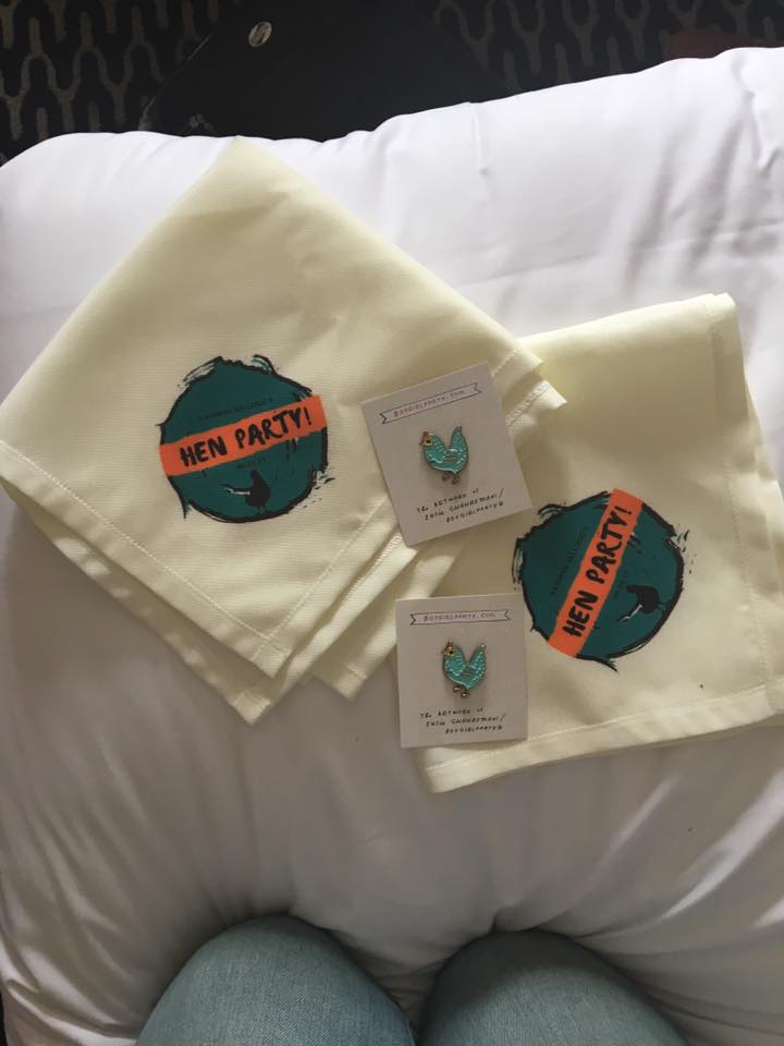 Customized enamel pins and handkerchiefs as part of sustainable party decor for a hen party