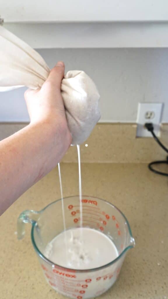 Nut pulp being strained through an almond milk bag.