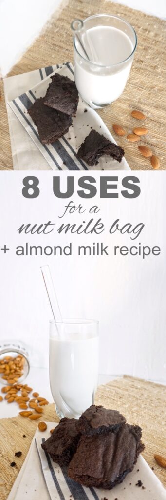 A napkin with a brownie on it and a glass of nut milk in bag
