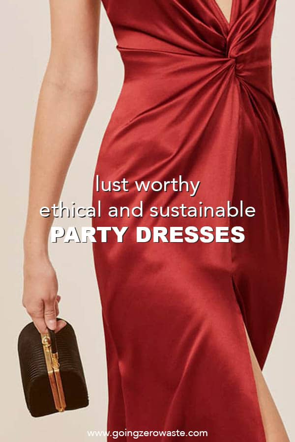 A woman wearing a red satin sustainable formal dress with overlay text reading "lust worthy ethical and sustainable party dresses"